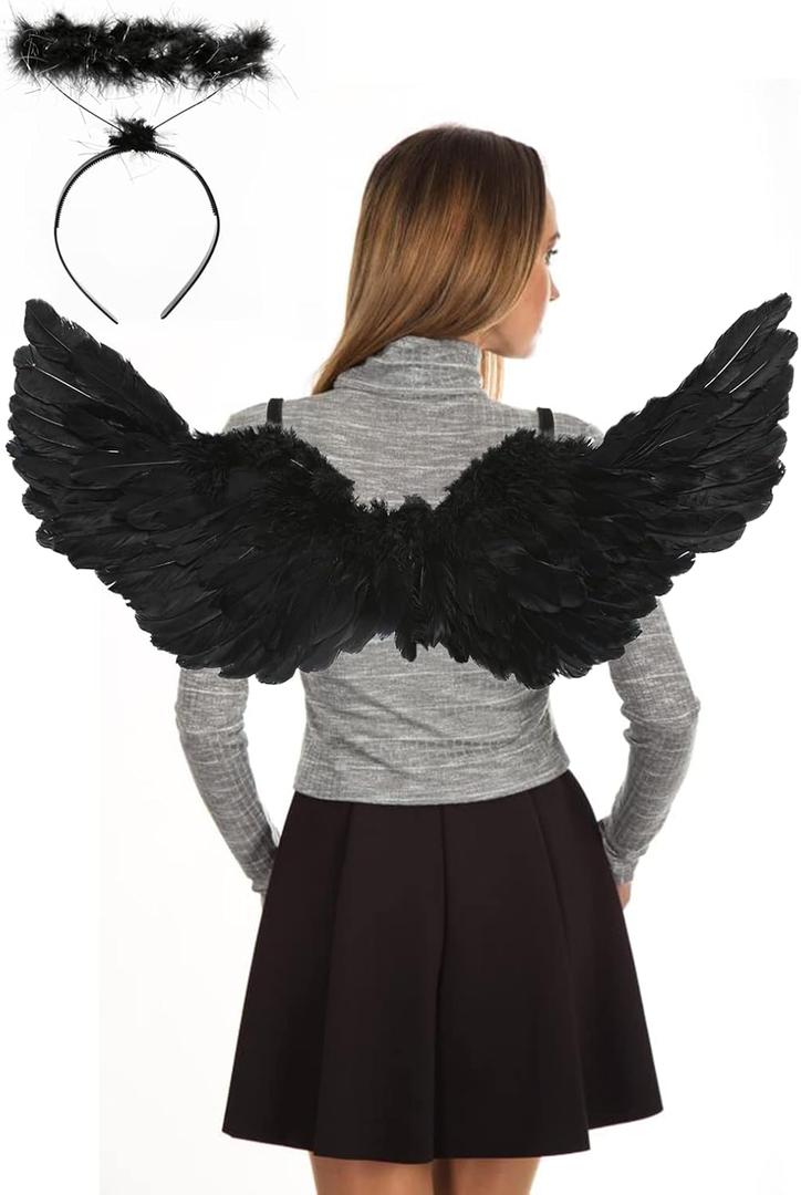 Angel Wings and Halo Adult Feather Angel Wings Costume for Women Halloween Cosplay Costumes (Black)