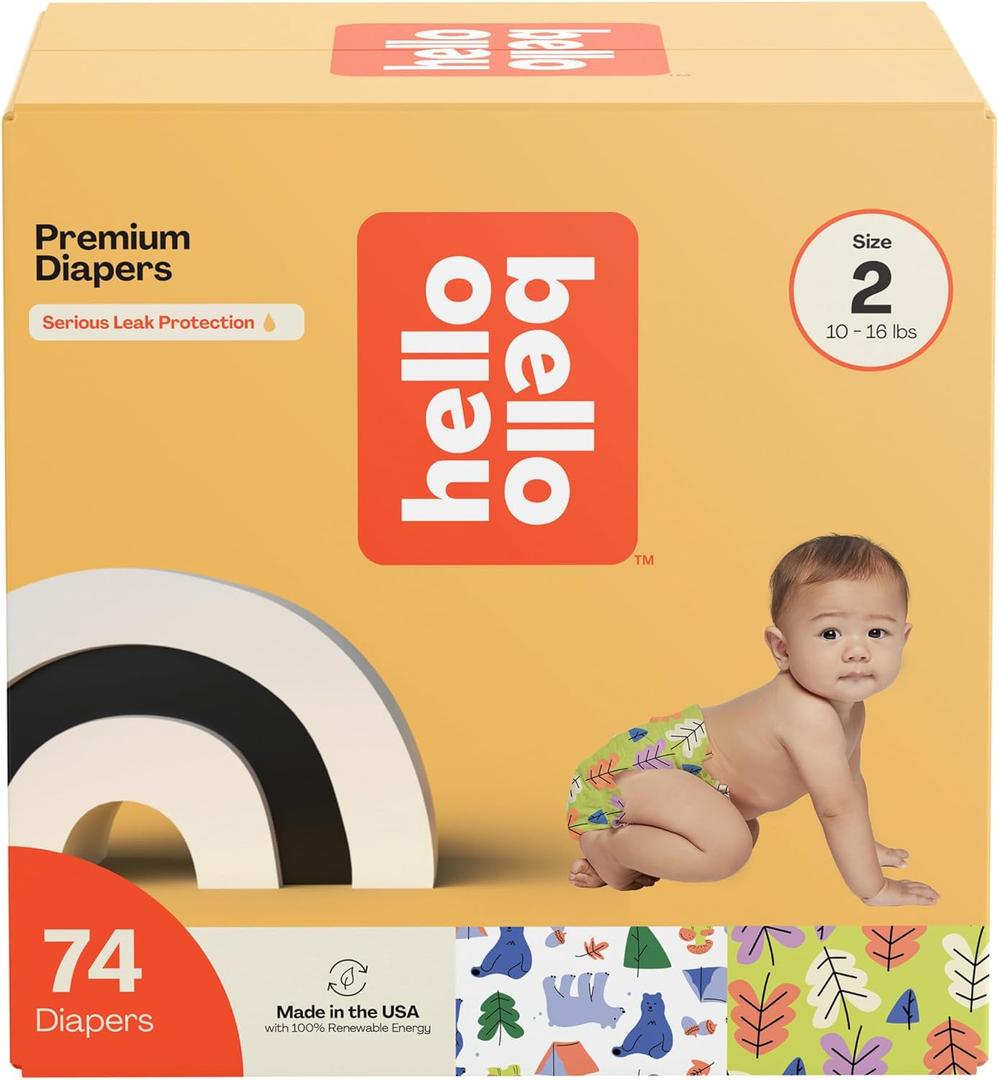 Hello Bello Premium Diapers Size 2, Happy Camper & Live Leaf Love Designs, 74ct Club Box