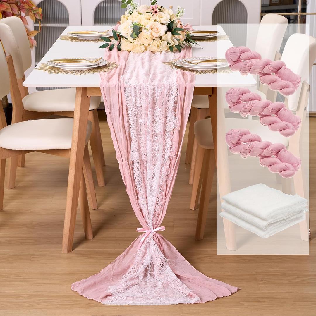 6 Pcs Dusty Pink 10ft Valentines Cheesecloth Table Runner and White Lace Table Runner 14 x 120 Inch Embroidered Boho Tables Runners for Vintage Rustic Wedding Bridal Baby Shower Birthday Party Decor