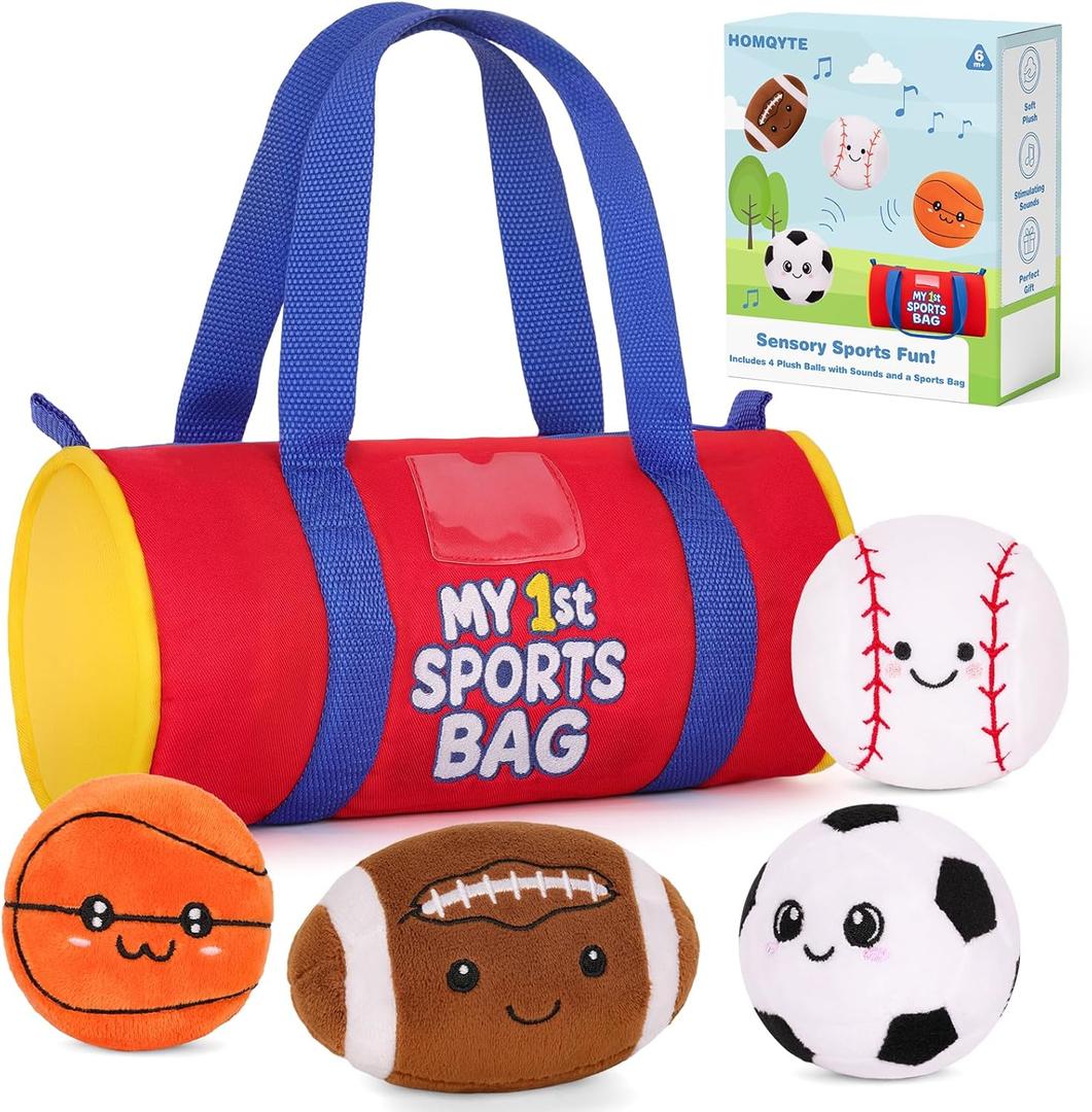 My 1st Sports Bag Plush Toy Playset with Soft Stuffed Balls, Basketball Baseball Football Soccer Ball Plush, Sensory Baby Toys for Toddlers Boys Girls (Sports Bag)