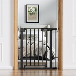 Babelio Baby Gate for Doorways and Stairs, 26-31" Pet Gate with Wide Walk Thru Door and Lock Indicator, No Drill Pressure Mounted Safety Gate with Double Lock and Self-Closing, Black