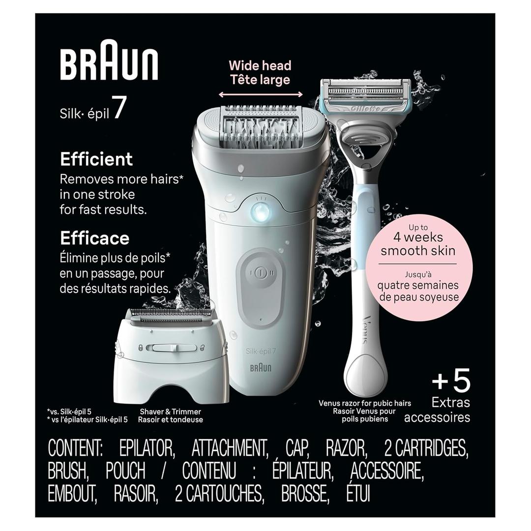Braun Silk-pil 7 Epilator, Wet and Dry, Wide Head, Includes Venus Intimate Razor, Shaver Head and Trimmer Comb, SE7-141
