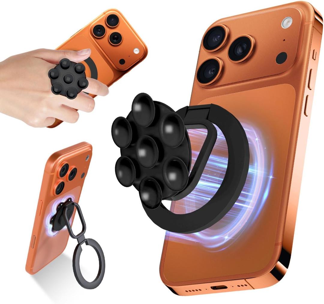 4 in 1 Sticky Phone Grip Holder for Magsafe,Double Sided/Suction Cup Case Mount,Magnetic Phone Stand for iPhone 17/16/15/14/13/12 Pro Max,Vacuum Ring Holder for Kindle/Android/Tiktok Content Creator (Black)