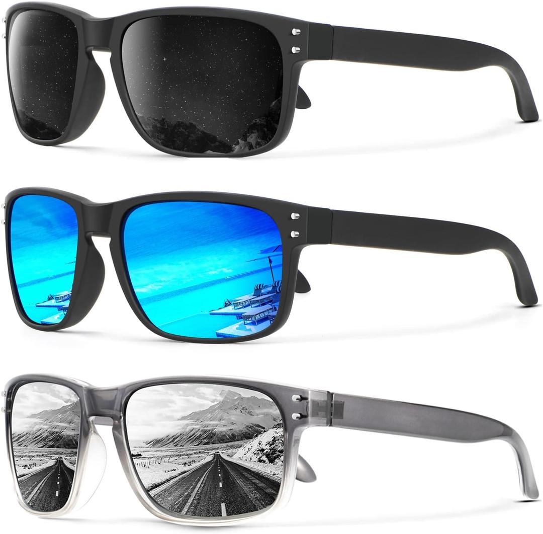 KALIYADI Polarized Sunglasses for Men and Women Vintage Style Sun Glasses for Fishing Running Driving with UV Protection ((3 Pack) Grey/Ice Blue/Silver)