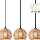 3 Pack Woven Pendant Light Boho Chandelier Dome Rustic Farmhouse Chandelier Hemp Rope Lights Rattan Light Fixture for Dining Room Living Room Bedroom Kitchen (Warm White Bulbs Incl.)