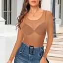 ZNVGIRL Women's Mesh Bodysuit Long Sleeve Sheer T Shirt Slim Fit Basic Body Tops(Nude,M)