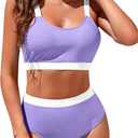 Womens High Waisted Bikini Sets Sporty Crop Top Color Block Swimwear Bandeau Scoop Neck Vintage Two Piece Bathing Suits (Medium, Light Purple+white)