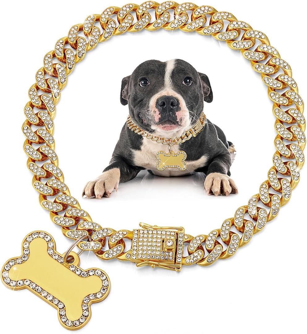 Hillban Golden Dog Chain Diamond Collar Necklace with Pet ID Jewelry Tags Rhinestones Stainless Steel Metal Link Collar Walking Chain for Christmas Puppy Boys Girls Gift Small Dogs (8 Inch)