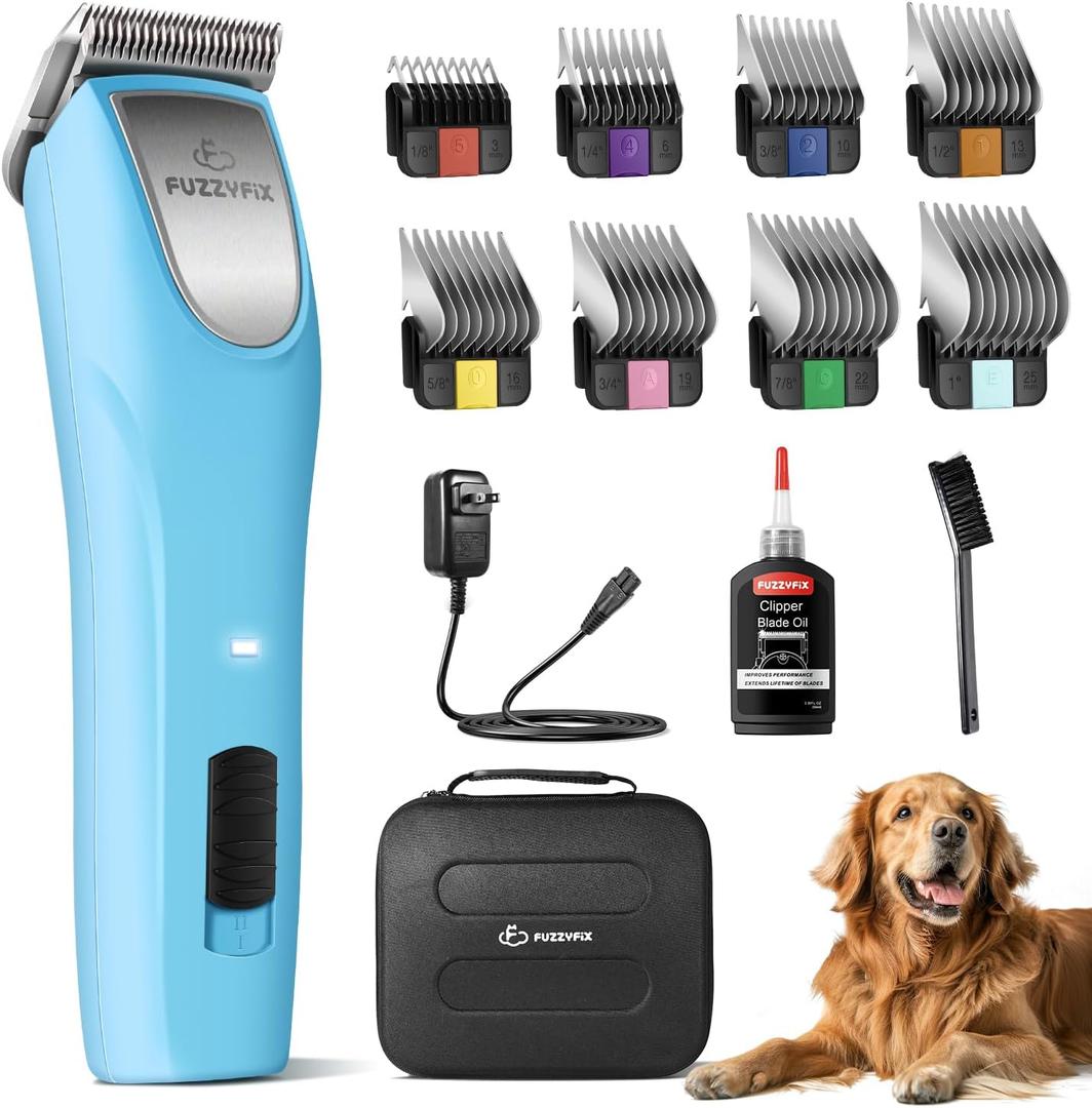 FuzzyFix Professional Dog Clippers for Grooming - 2 Speed for Thick Curly Matted Coats, Low Noise Cordless Pet Hair Trimmer with Detachable A5 Blade & Metal Guide Combs Kit for Horse Animal Breeds