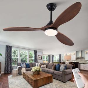 52 inch Ceiling Fans with Lights and Remote Control, Dimmable LED Light, Indoor Outdoor Mordern Black Ceiling Fan with 3 Wood Blade for Patio Living Room, Bedroom, Office, Summer House