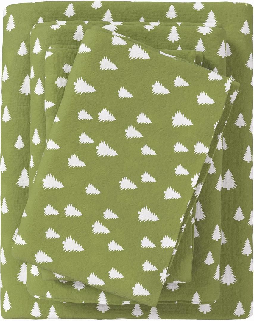 Great Bay Home Flannel Sheet Set King Size - 100% Turkish Cotton, Double-Brushed, Lodge-Printed Bed Sheets - Ultra-Soft, Cozy, 4-Piece Bedding Set (Little Trees - Olive)