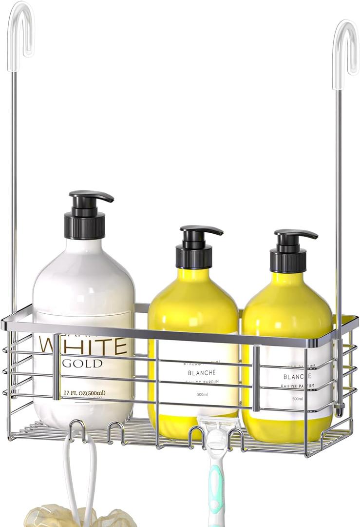 DELLAN Hanging Shower Organizer, Shower Rack with Hooks Over the Door, Bathroom Shower Caddy and Basket (11"D x 4.7"W x 3.9"H, Silver)