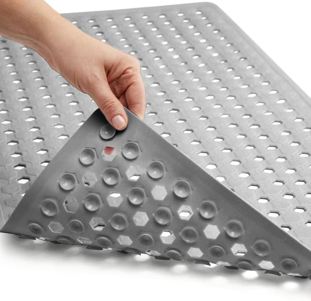 GORILLA Grip Patented Bath Tub Shower Mat, Machine Washable Bathtub Floor Liner Mats, Suction Cups and Drain Holes to Keep Tubs Clean, Soft on Feet, Bathroom Essentials, 35x16 Inch, Gray Opaque (Gray (Opaque))