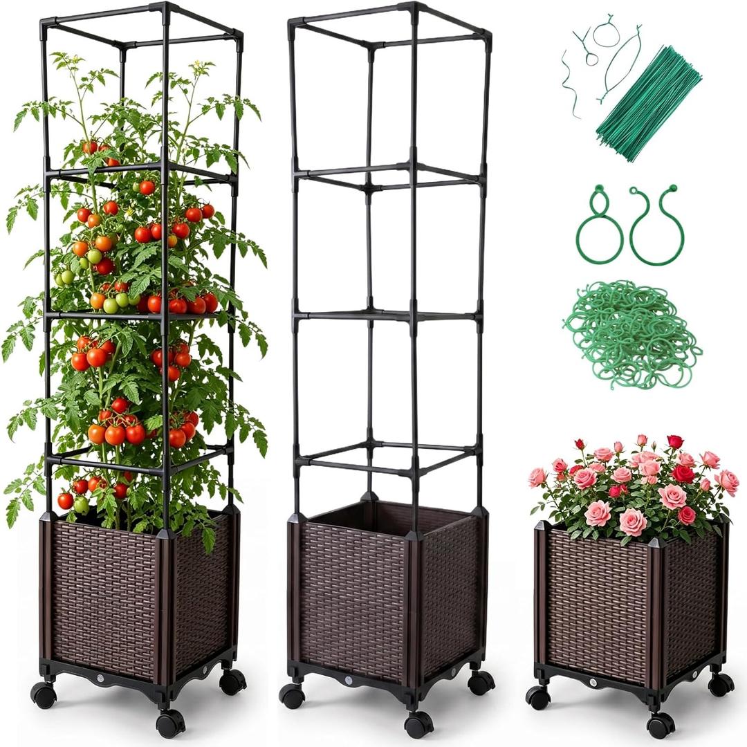 Raised Garden Bed Planter Box with Tomato Cage - Self-Watering Tomato Planters with Trellis for Climbing Plants Outdoor - Vertical Gardening Tomatoes Pot with Trellis Wheels for Vegetable Vine