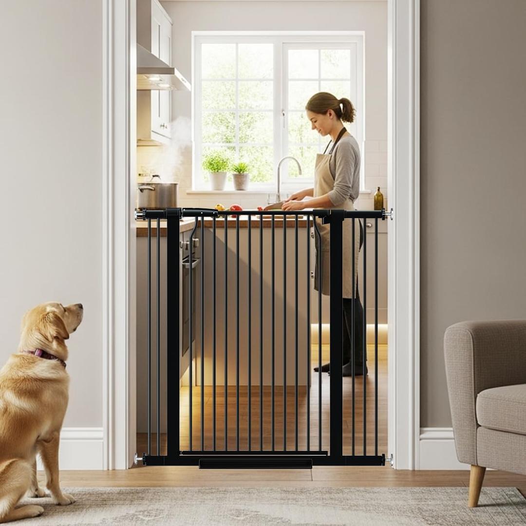 41" Extra Tall Baby Gate With Door, 29.6-40.5 In Wide Dog Gates for Doorways Stairs, Walk Through Large Pet Gate Indoor, Pressure Mounted Child Safety Gates for Kids Puppy Doggie Metal Black