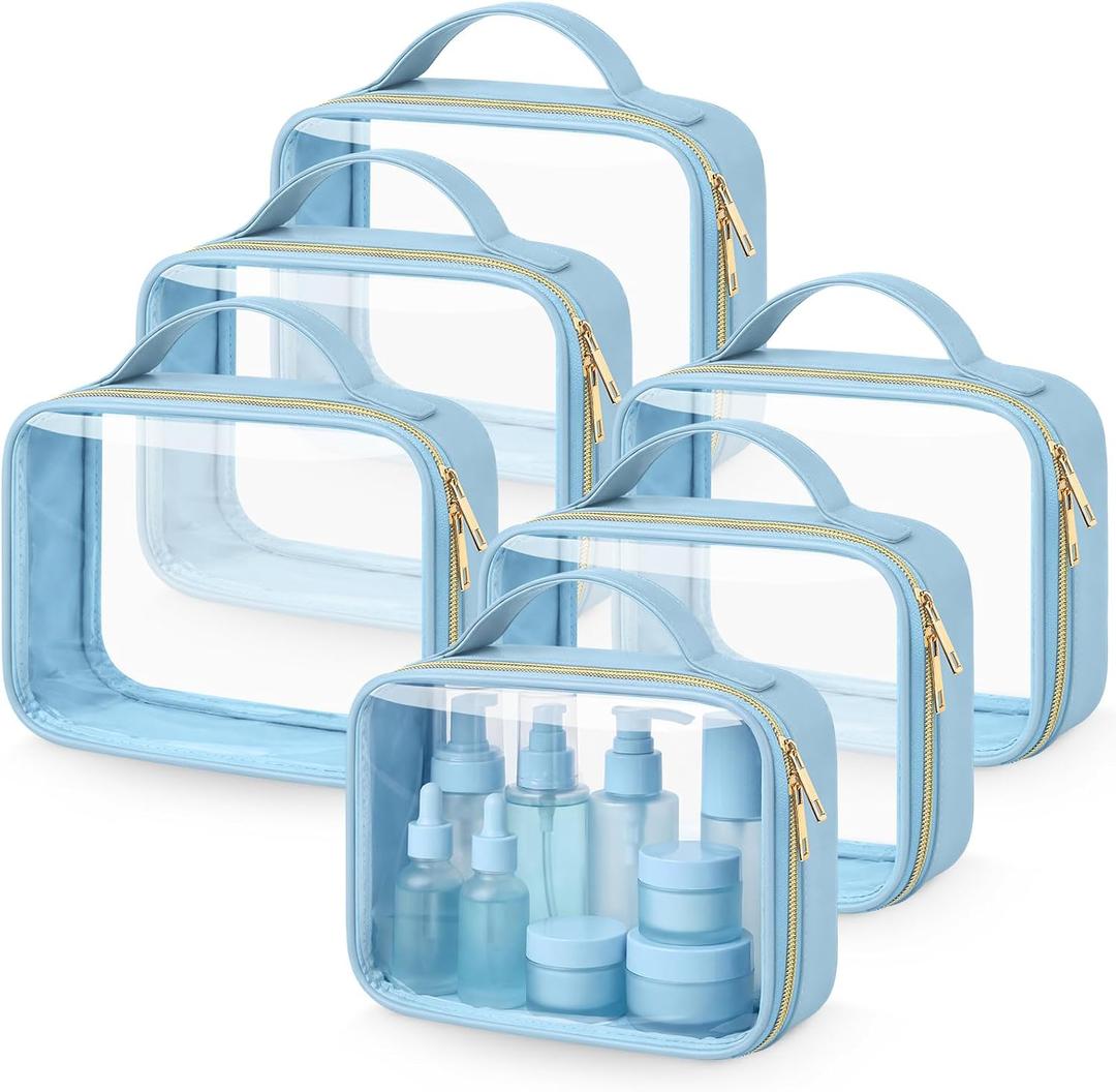 Abbylike 6 Pcs Clear Makeup Bags Bulk Tsa Approved PU Leather Toiletry Bag with Handles Quart Size PVC Clear Travel Cosmetic Case for Women Wedding Bridal DIY Gifts Bachelorette Party(Blue)