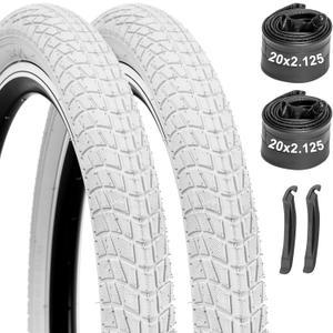 Bike Tires 16/20x2.125 2-Pack with Tubes & Levers - Compatible with Kids Bike, BMX, MTB, Mountain Bicycle - White/Camo Blue Design, Thick Rubber, Replacement Tires & Inner Tubes