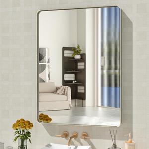 WEER 28X36 Inch Brushed Nickel Bathroom Mirror, Brushed Silver Metal Frame Mirror, Rounded Rectangle Silver Bathroom Vanity Mirror, Tempered Glass, Anti-Rust, Hangs Horizontally or Vertically