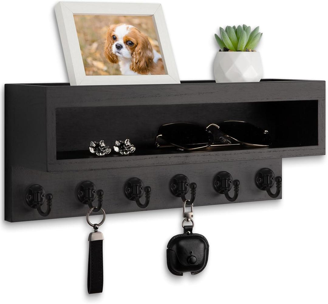 Key and Mail Holder Wall Mount, Key Hanger with Long Storage Box and 6 Hooks for Coat, Dog Leash, Home Decor Rack, House Accessories, Entry Way Organizer (Black)