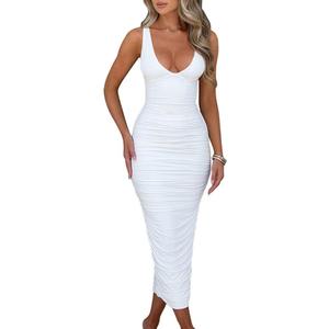 BEAGIMEG Women's Sexy Ruched Sleeveless Deep V Elegant Cocktail Evening Party Maxi Dress (White)