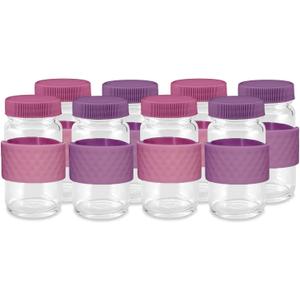 Glass Juice Shot Bottles with Caps, Clear, 2oz, Colored Lids & Silicone Grip Bands, Beverage Storage, Juicing, Ginger & Turmeric Bottles (Pink & Purple)