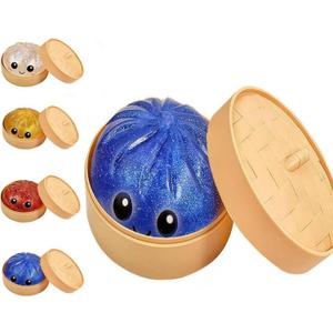 Glitter Dumpling Squishy, 2026 New Bun Squeeze Stress Relief Ball with Steamer Box for Stress Relief, More Surprises (Blue)