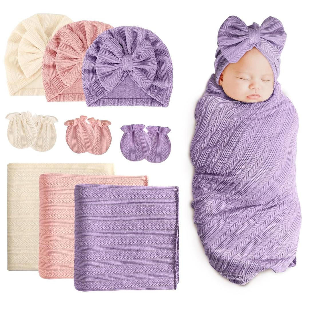 BQUBO Newborn Receiving Blanket Hat Mittens Set for Baby, Unisex Baby Boys Girls Essentials, Newborn Registry Must Haves, Stroller Crib Shower Gifts