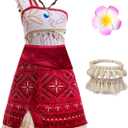 Princess Costume for Girls Adventure Outfit Ocean Birthday Party Dress Up with Necklace & Anklet Accesories (5Years-6Years, Red), 110