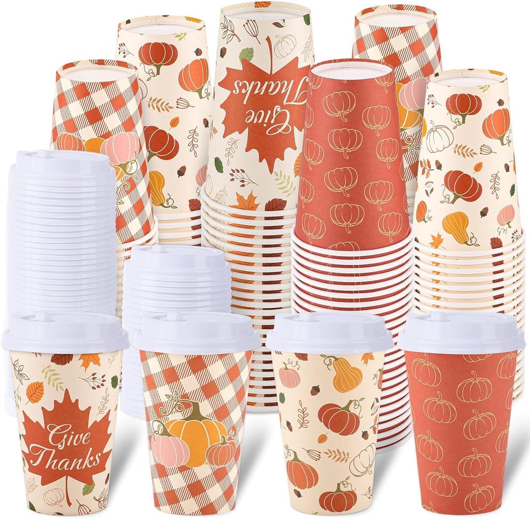 100 Set Fall Disposable Coffee Cups with Lids, 12 oz Autumn Pumpkin Maple Leaves Paper Cup Insulated Paper Coffee Cups for Hot Cold Tea Drinks Harvest Party Reception, 4 Styles