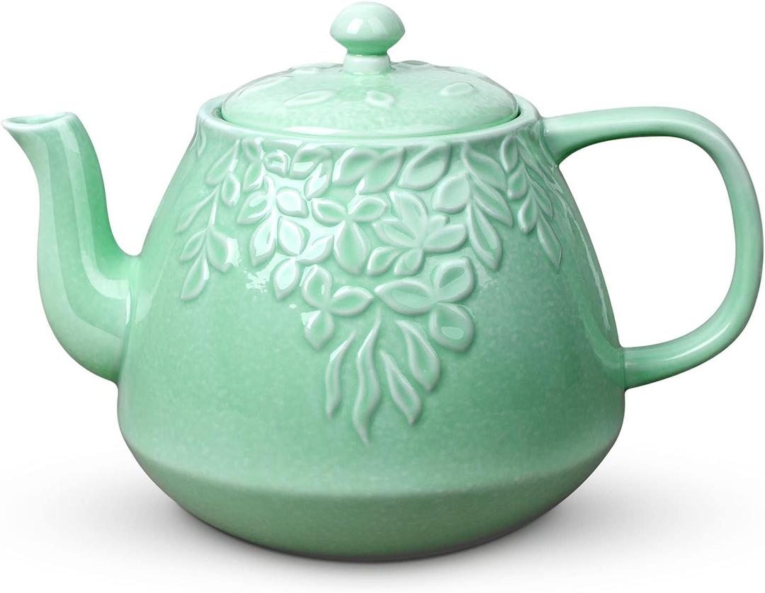 Toptier Leaf Teapot, Porcelain Tea Pot with Infuser and Lid, Blooming & Loose Leaf Ceramic Teapot, 37 Ounce, Light Green (37 oz / 1100 ml)
