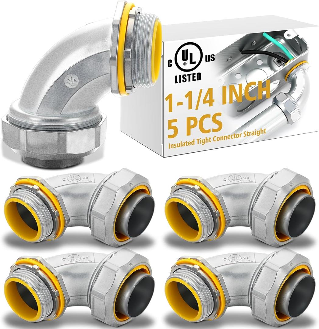 Gisafai 5 Pcs Liquid Tight Connector 90 Degree Insulated Zinc Die Cast Metal Tight Electrical Conduit Connector for 1-1/4 Inch Flexible and Type B Flexible Waterproof Nonmetallic Conduit