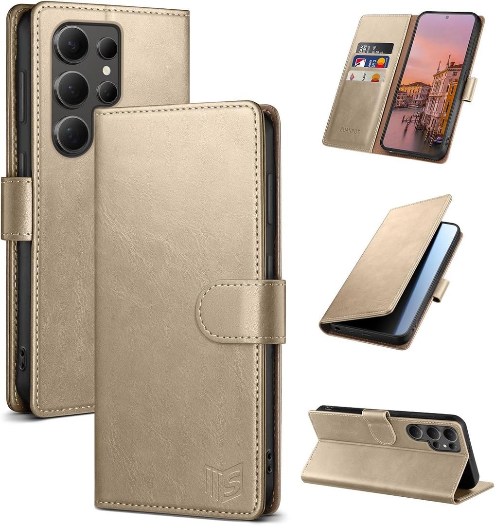 SUANPOT Compatible with Samsung Galaxy S24 Ultra Wallet case with RFID Blocking Credit Card Holder,Flip Book PU Leather Protective Cover Men Women for Samsung S24 Ultra Phone case Golden Color