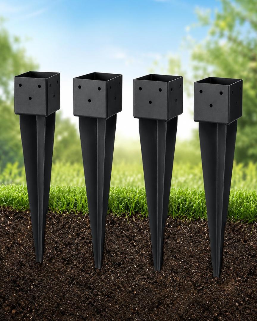 4x4 Post Anchor Ground Spike 4 Pack, No Dig Fence Post Anchor for 4x4 Wood Posts, Heavy Duty Metal Post Support, Secure Mailbox, Fence & Deck, 16" Ground Stake, 3.58" x 3.58" Inner Size