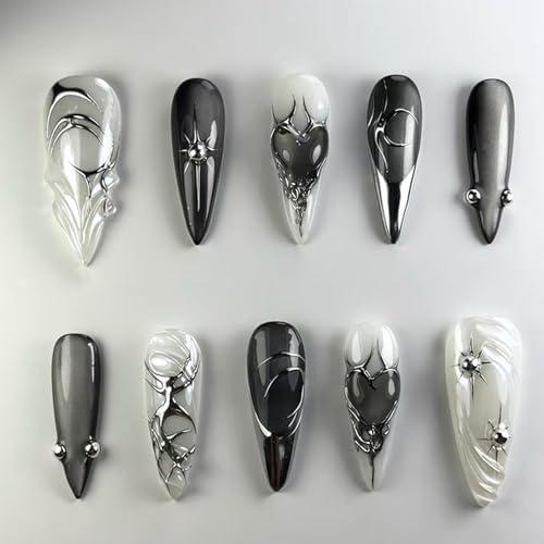 Medium Press on Nails Almond Fake Nails with Designs French Tip Stick on Nails Black Heart False Nails Silver Star Acrylic Nails Full Cover Gem Glue on Nails for Women DIY Manicure Decorations 24pcs