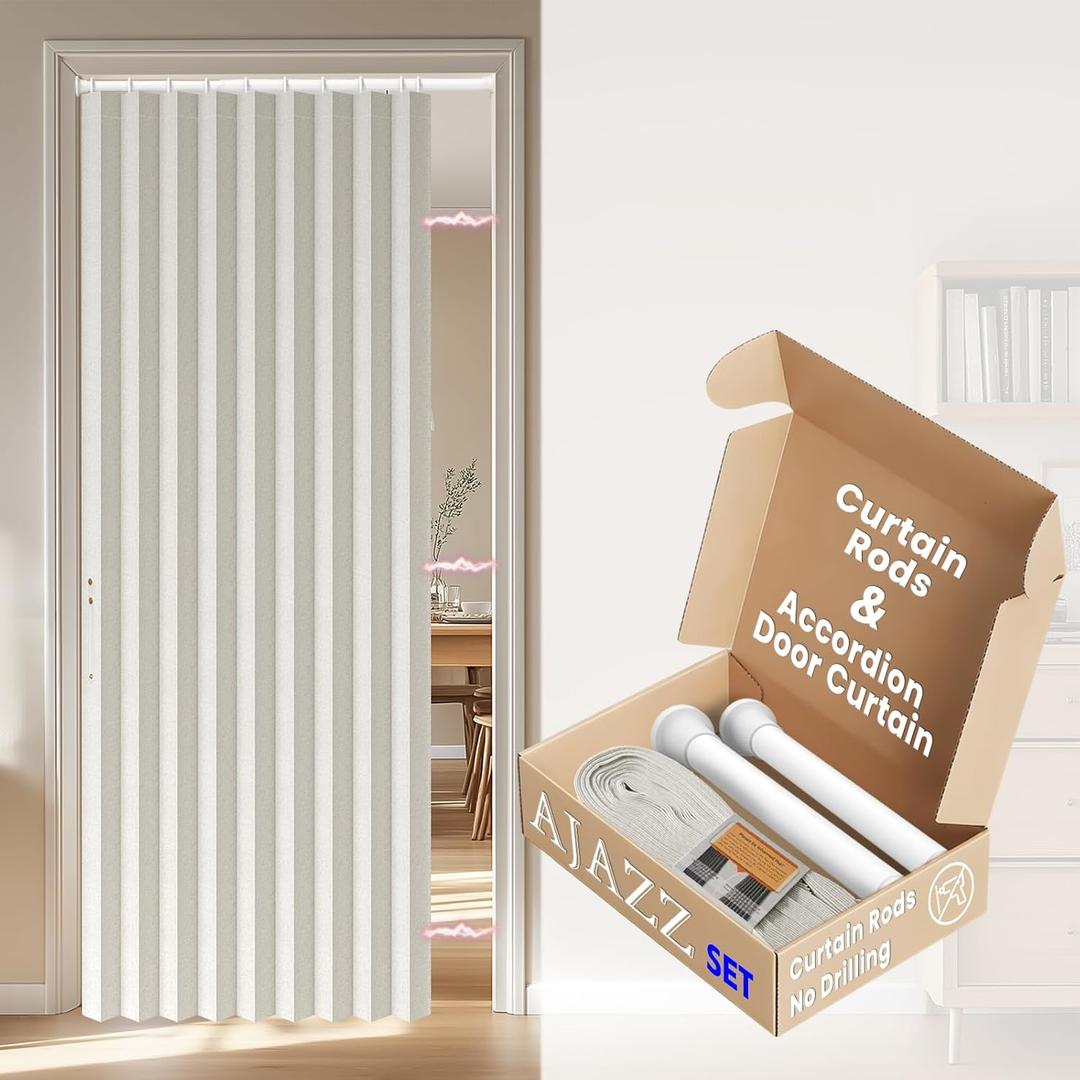 AJAZZ Thickened Blackout Accordion Door Invisible Accordion Doors Interior Magnetic Door Curtain for Bedroom Living Room Doorway Curtain Sets Included Rod (1 Pack, 44W x 78 L, Beige)