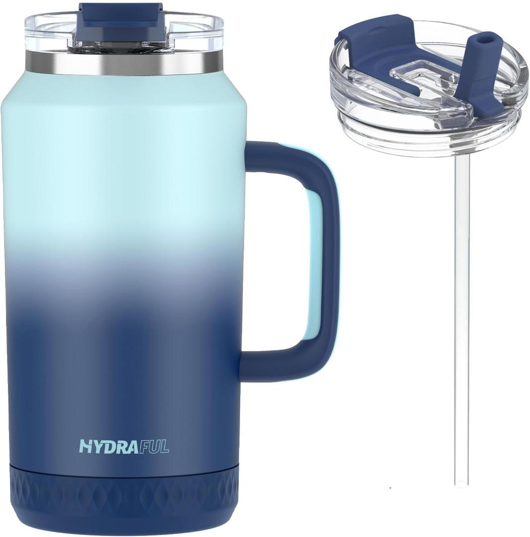 Hydraful 64 oz Tumbler with Handle and Straw - 100% Leak-Proof - Insulated Cup Reusable Stainless Steel Large Water Bottle Travel Mug for Gym, Hiking, and Camping - Gifts for Women Men Him Her (Blue Waves)