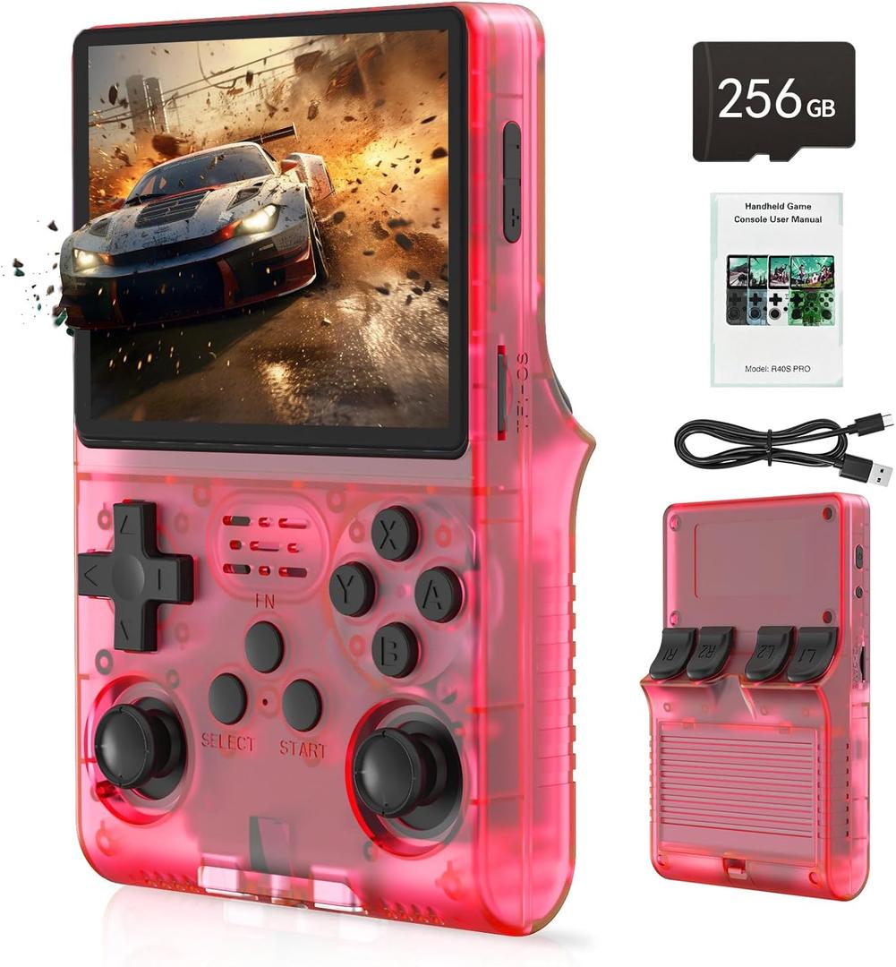 R40S PRO 30000 in 1 Handheld Game Console, 3.5 inch IPS Screen Retro Game Console, Mini Portable Pocket Arcade 3800mAh 45 simulators 256G TF Card (Red)