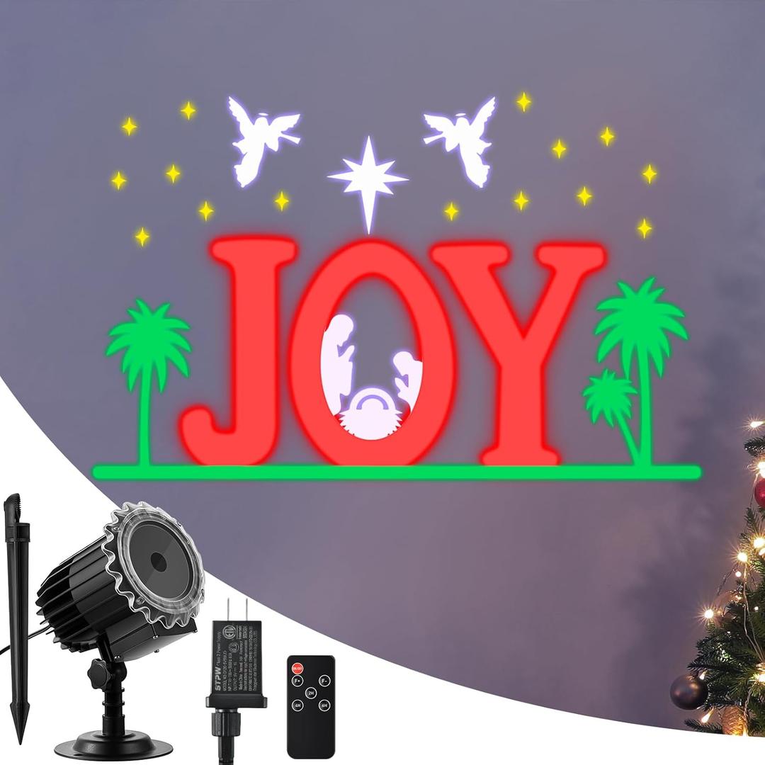 Christmas Nativity Projector Lights Outdoor Indoor, Waterproof LED Christmas Joy Themed Nativity Scene Projector with Timer Remote for Wall Windows Garage Doors Yard Xmas Decor(Colorful)
