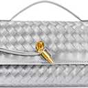 Woven Clutch Purses for Women, Formal Satchel Leather Evening Bag Shoulder Handbag (Silver)