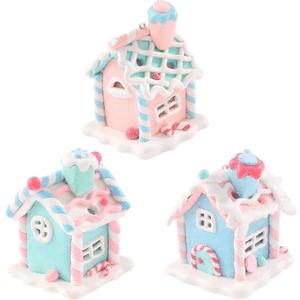 3Pcs Pastel Gingerbread House Ornaments for Christmas Tree Decorations Lighted LED Macaron Color Clay Hanging Candy House Ornament with Rope for Xmas Holiday Party Home Decoration