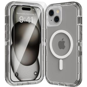 for iPhone 14 Case, Fits Magsafe,Heavy Duty Shockproof Protection Phone Cases with Screen Protector*1, Magnetic Transparent Protective Cover for iPhone 14 6.1 '', Gray