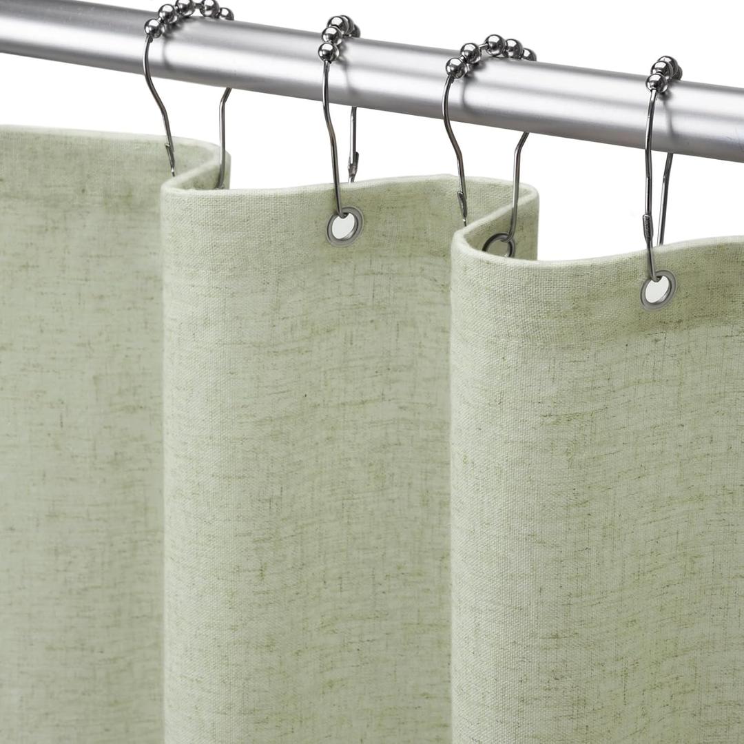 Linen Shower Curtain Flax Green, Fabric Boho Farmhouse Shower Curtains for Bathroom Cotton Natural Cloth Liner Set 72" W x 84" L
