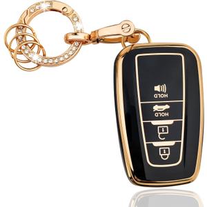 OLLEN TPU Key Fob Cover with Bling Ring, Fit for Toyota, Full Protection Soft TPU Key Case, 4 Button, with Ring, Black (B Style, Black, +Ring)