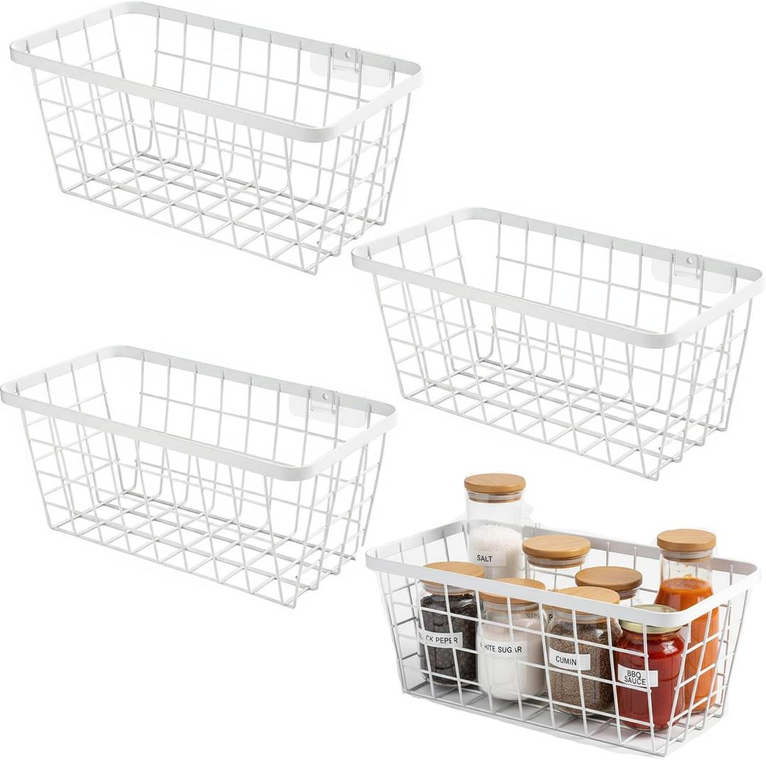 LeleCAT White Hanging Kitchen Baskets For Storage Adhesive Sturdy Small Wire Storage Baskets No Drilling Wall Mounted Kitchen Food Pantry Bathroom Shelf Storage, 4 PACK, White