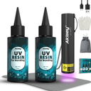 Akisey UV Resin Kit with Light, 100g UV Resin with Rechargeable 395NM UV Flashlight, Fast Curing in Seconds, UV Glue Adhesive for Bonding Jewelry, Plastic, Glass Repair, w/Mat, Gloves, Storage Bag