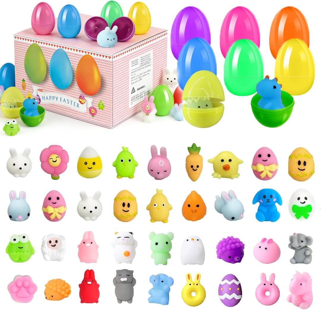 48Pcs Prefilled Easter Eggs with Animal Mochi Squishy Stress Relief , Kawaii Easter Basket Stuffers, Party Favors, Classroom Prizes (Multicolor 48Pcs)