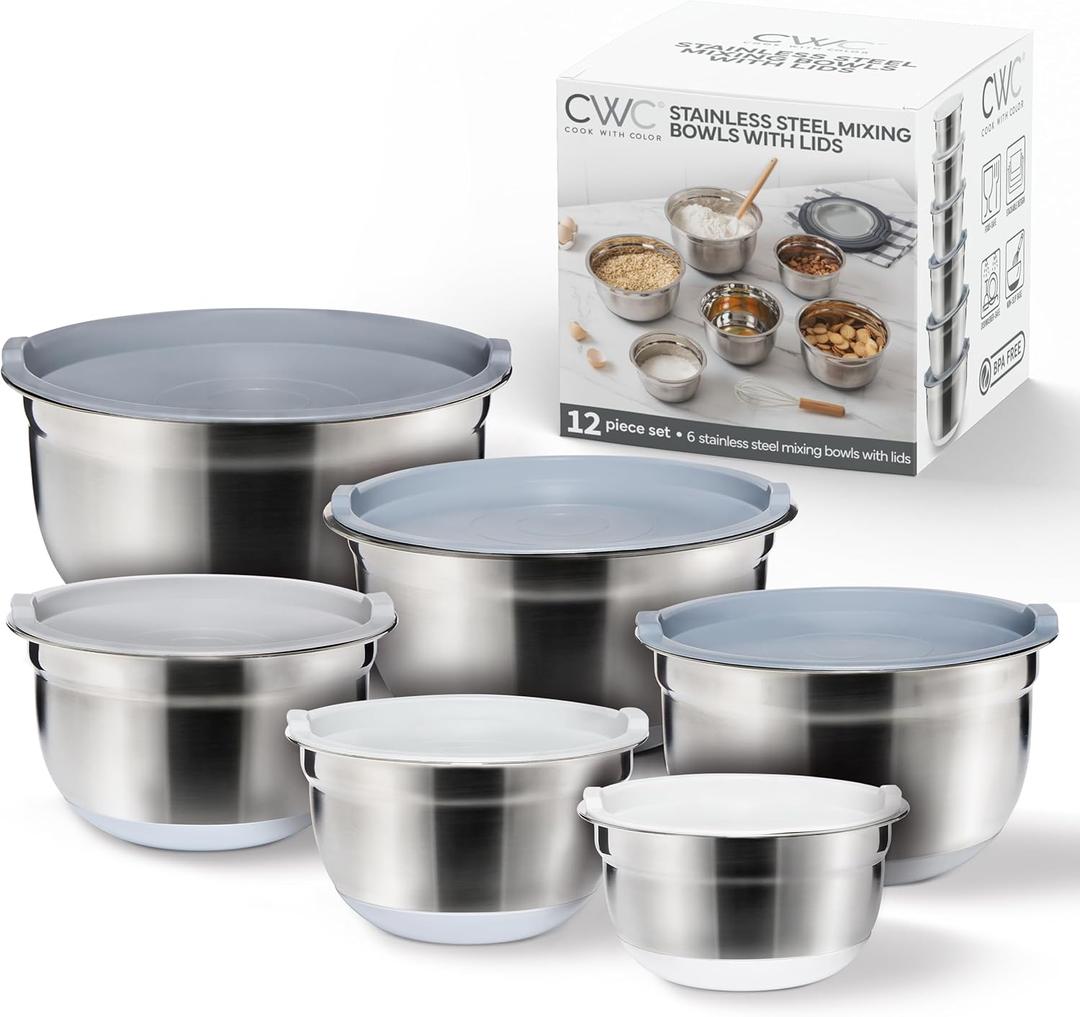 COOK WITH COLOR Stainless Steel Mixing Bowls Set with Lids - Nesting Bowls with Non-Slip Bottom, Grey, 12 Pieces (Gray)