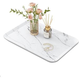 Vanity Decorative Tray, 12" x 8" White Marble Pattern Perfume Tray, Bathroom & Countertop Organizer for Soap, Jewelry, Candle