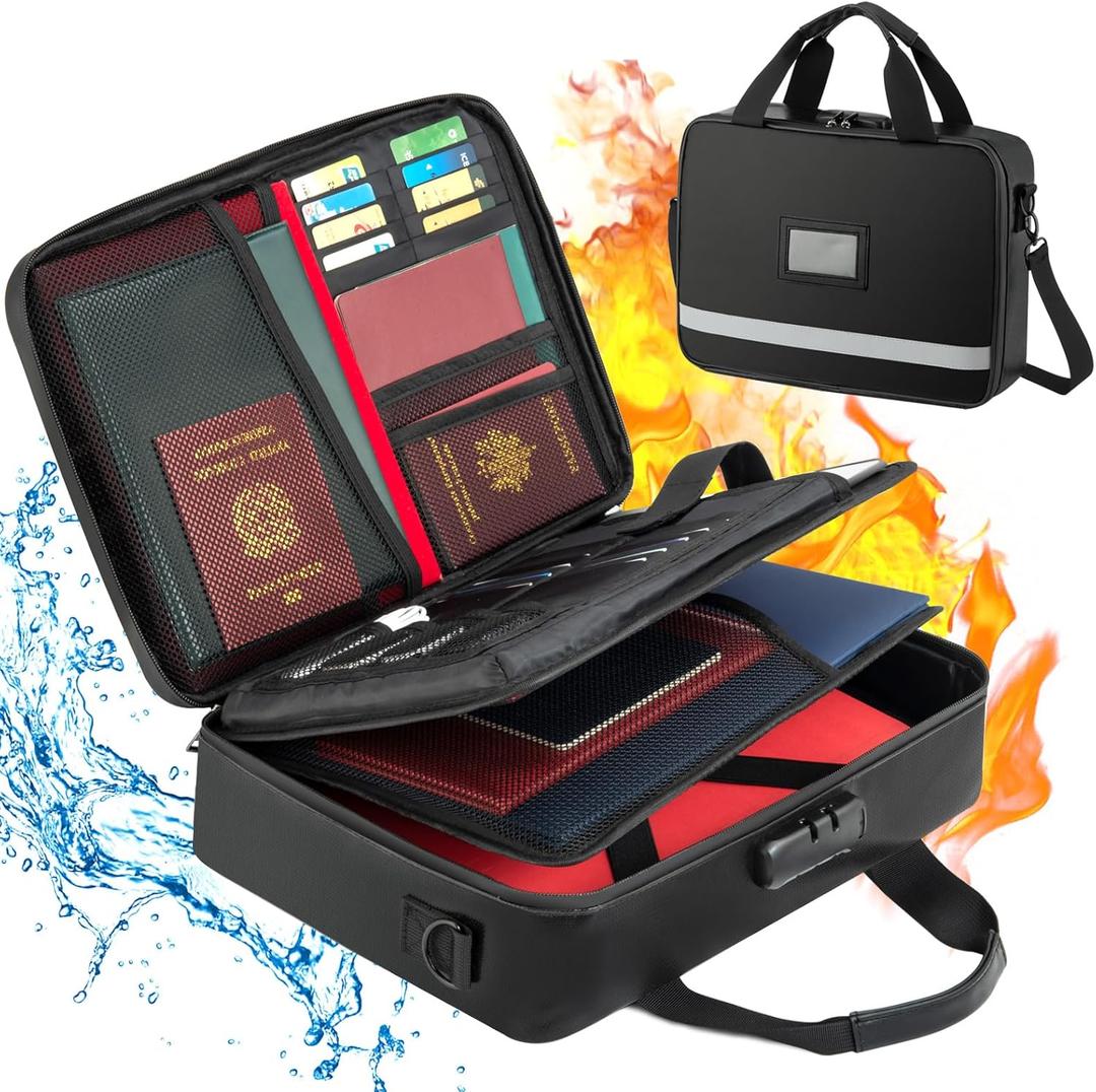 Fireproof Document Box with Lock, File Organizer Bag with 2000 Heat Insulated, Portable Waterproof Safe Storage Box, Multi-Layer Document Bag for 16 inch Laptop Important Documents,Files and More