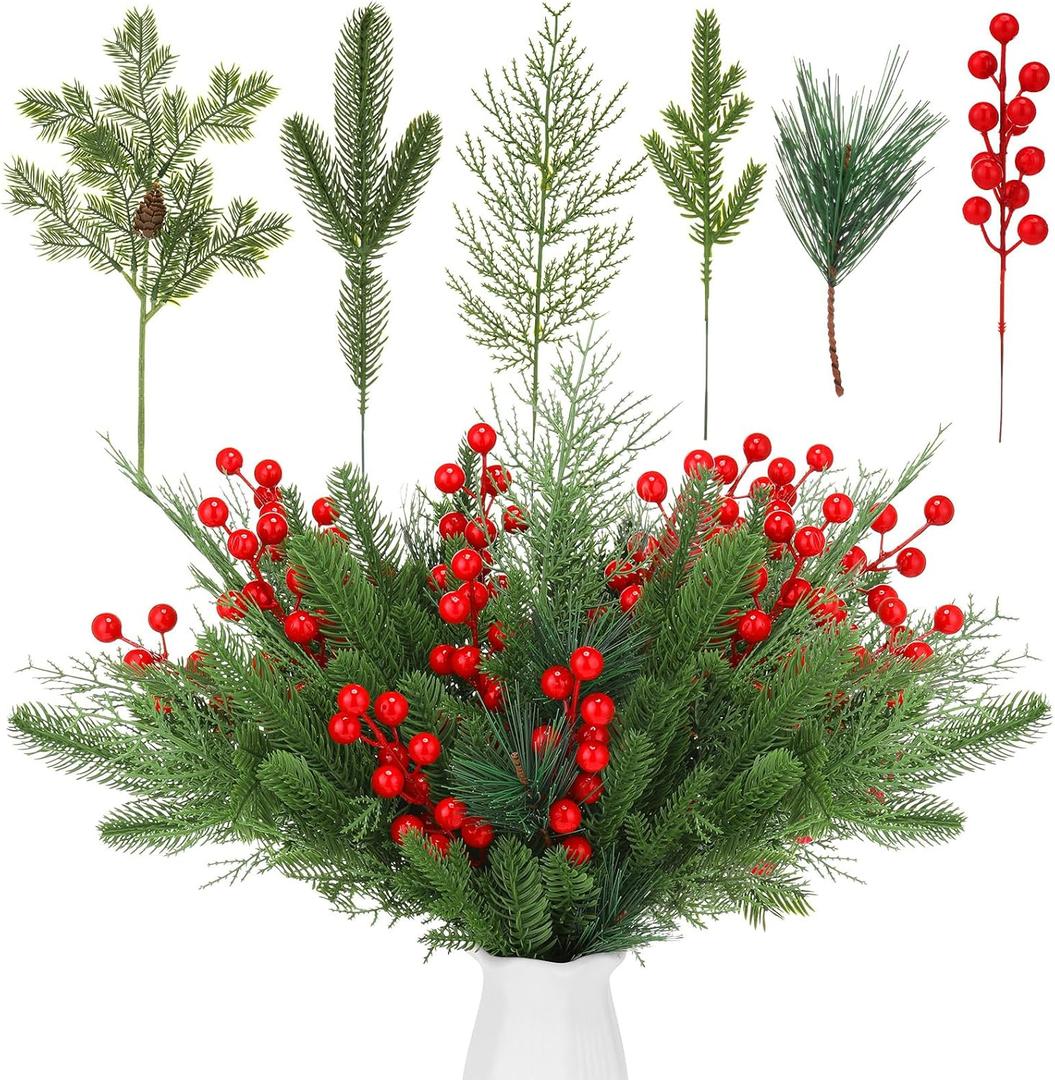 ProSuites 60 Pcs Artificial Pine Branches Christmas Greenery Stems Pine Picks Xmas Stems Pine and Cypress Branches Red Berries Christmas Holiday Decoration, DIY Christmas Garland Wreath